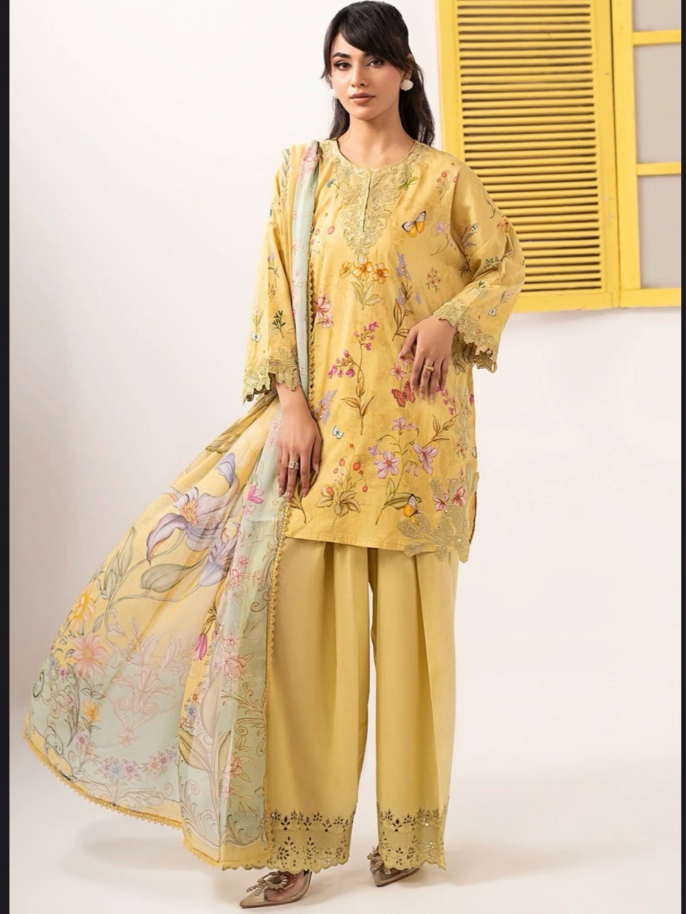 Elegant Yellow Floral Kurta Set with Wide Pants